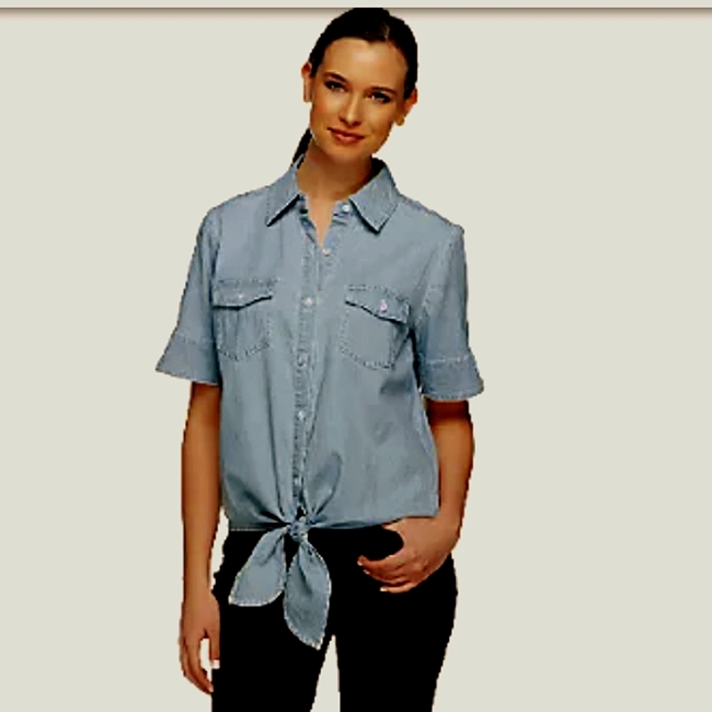 Denim & Co. Short Sleeve Stretch Chambray Shirt Top with Tie Front Dark Indigo